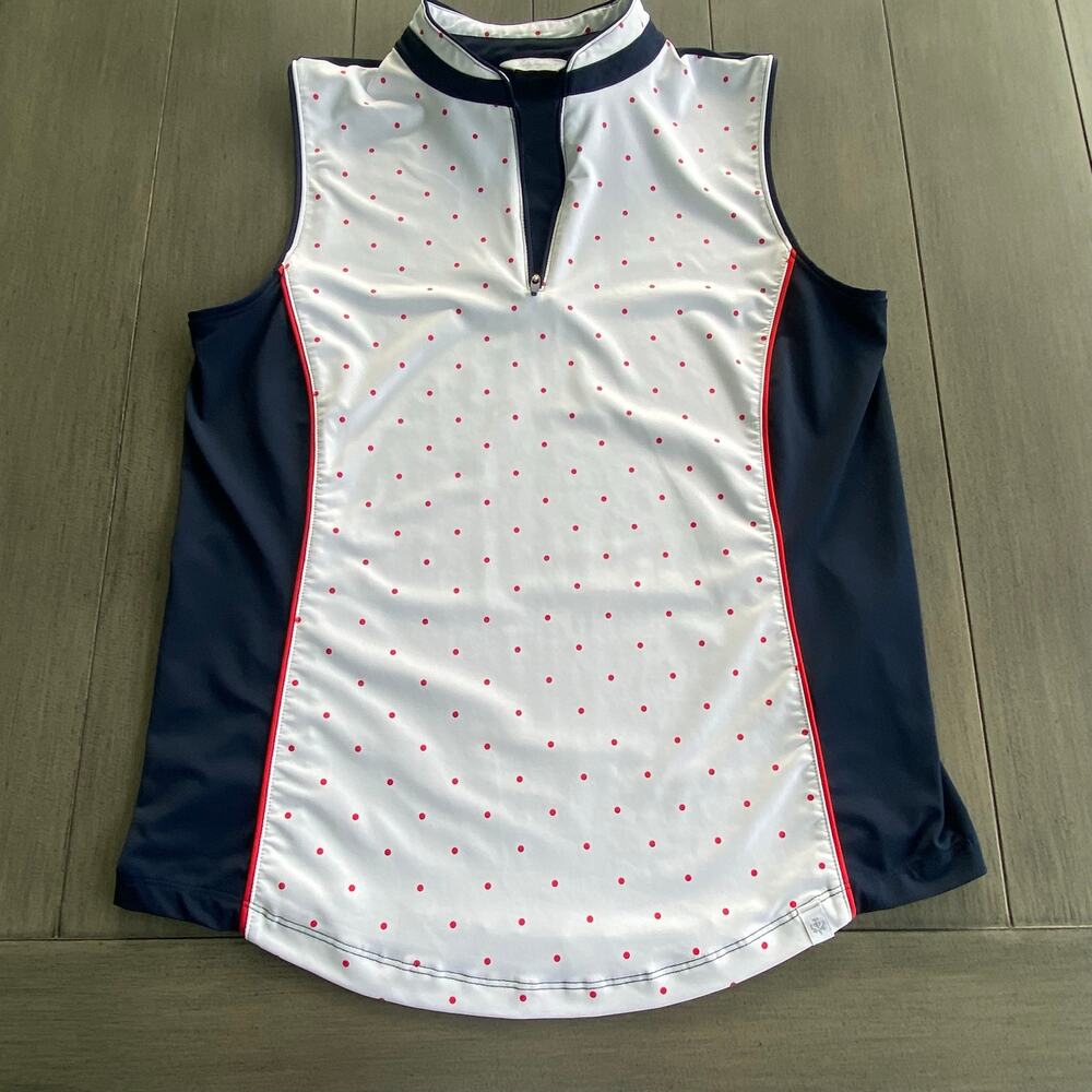 Lady Hagen Sleeveless Mock‑Neck Top • Navy/White/Red Polka Dots • Women’s M